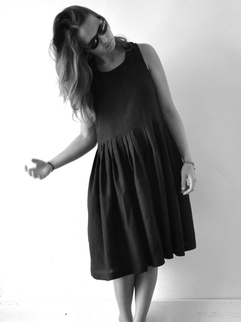 French Linen Black & White Striped Sleeveless Dress